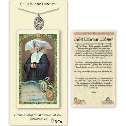 St. Catherine Laboure Catholic Medal With Prayer Card - Pewter