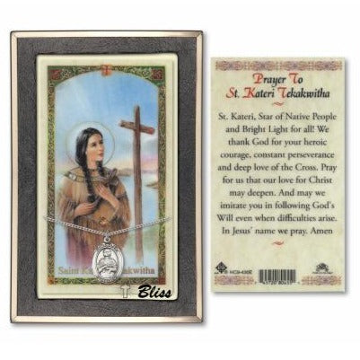 St. Kateri Tekakwitha Catholic Medal With Prayer Card - Sterling Silver
