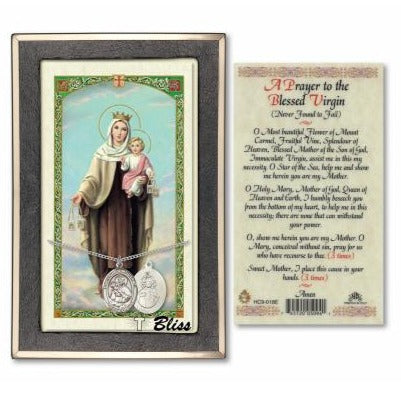 Our Lady of Mount Carmel Catholic Medal With Prayer Card - Sterling Silver
