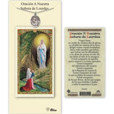Virgen de Lourdes Catholic Medal With Prayer Card - Pewter