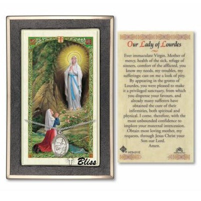 Our Lady of Lourdes Catholic Medal With Prayer Card - Sterling Silver