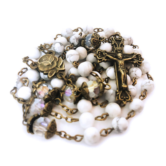 Our Lady of Lourdes White Howlite Stone Rosary Bead and Bracelet Set by Catholic Heirlooms