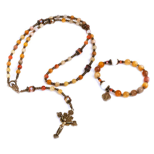 Our Lady of Grace Yellow Multi-Color Jade Stone Rosary and Bracelet Set by Catholic Heirlooms