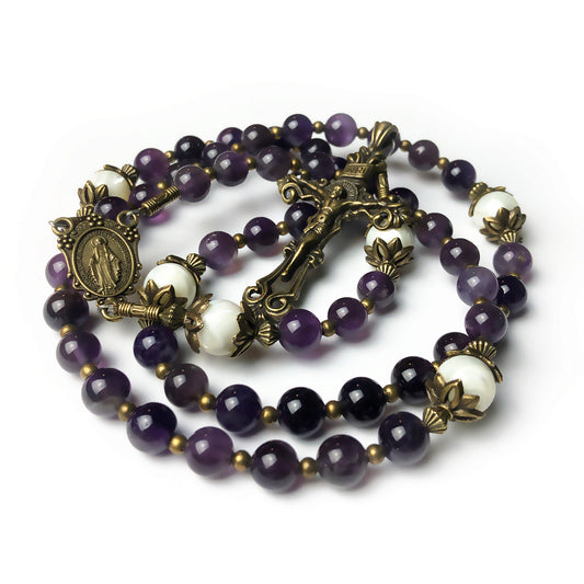 Amethyst and Mother of Pearl Stone Rosary With Miraculous Medal by Catholic Heirlooms - Confirmation - Holy Communion Gift - Rosary Necklace