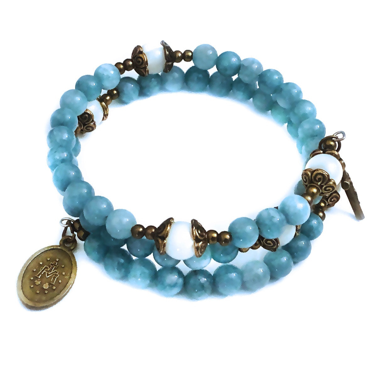 Our Lady of Grace Aquamarine Jade Stone Rosary and Bracelet Set by Catholic Heirlooms