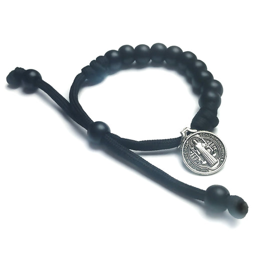 Men's Catholic Rosary Beads Bracelet - St. Benedict Black Paracord Rosary Bracelet