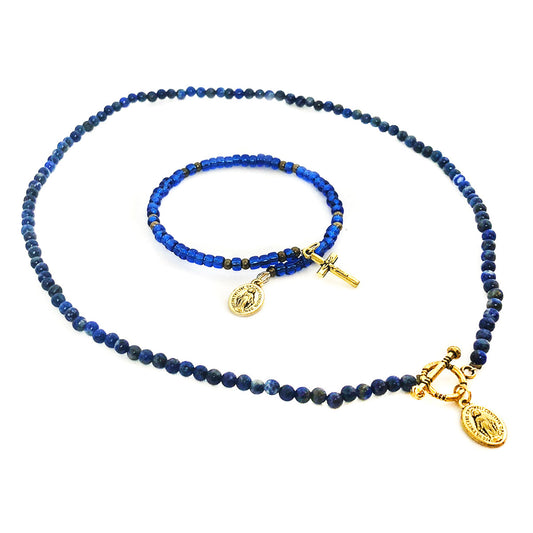 Miraculous Medal Blue Lapis Lazuli Front Toggle Clasp Necklace and Rosary Bracelet Set by DALIA LORRAINE