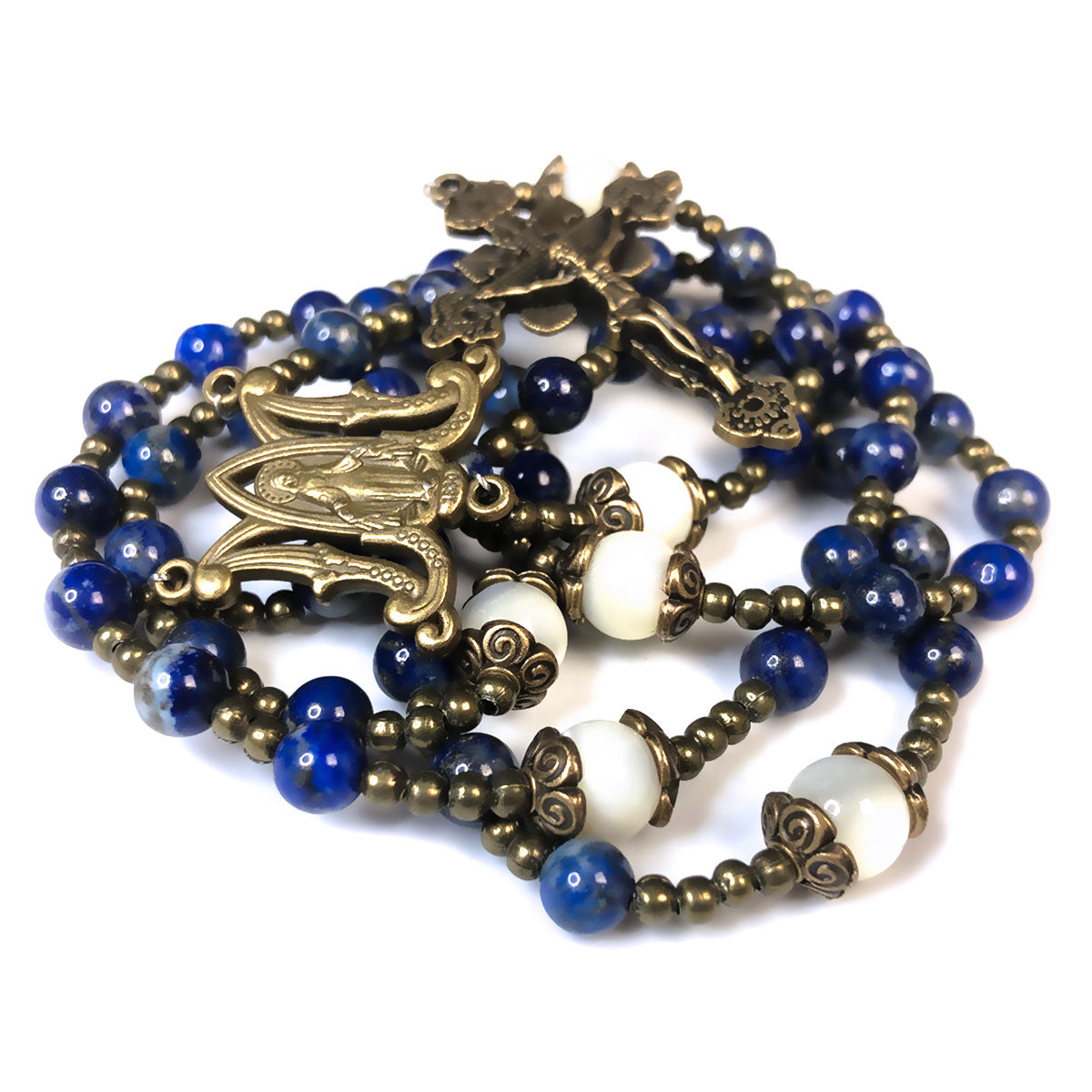 Miraculous Medal Blue Lapis and Mother of Pearl Stone Rosary