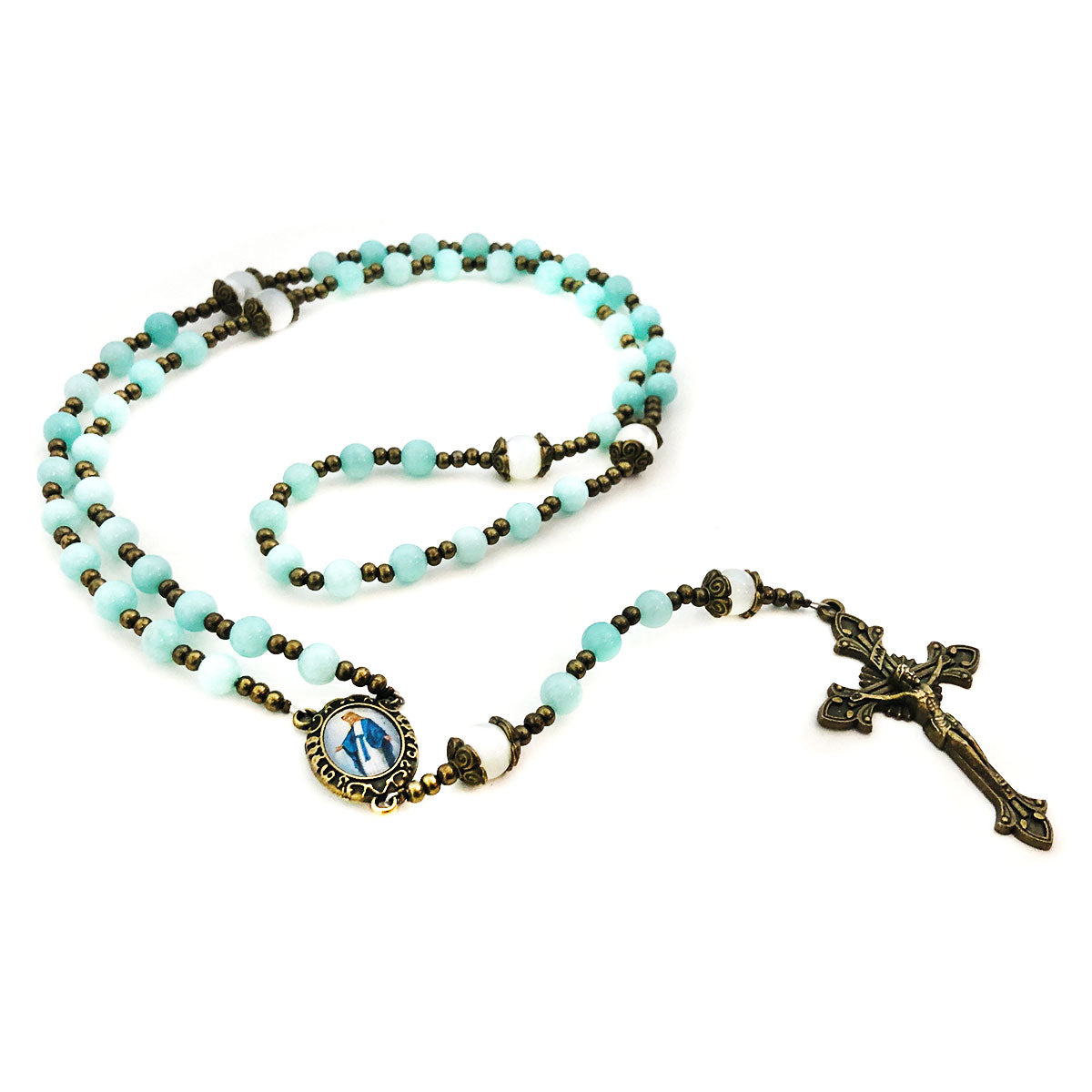 Catholic Heirlooms Our Lady Of Grace Blue Sponge Quartz and Mother of Pearl Stone Rosary