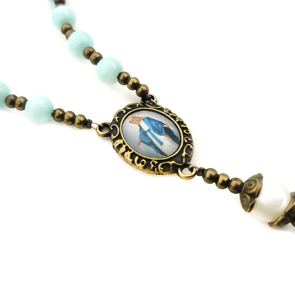 Catholic Heirlooms Our Lady Of Grace Blue Sponge Quartz and Mother of Pearl Stone Rosary