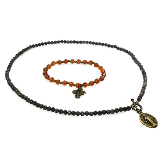 Miraculous Medal Bronzite Front Toggle Clasp Necklace and Four Way Medal Bracelet Set by DALIA LORRAINE