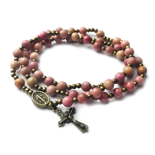 Pink Rhodonite Stone Full 5-Decade Catholic Rosary Bracelet by Catholic Heirlooms - Confirmation - Holy Communion Gift