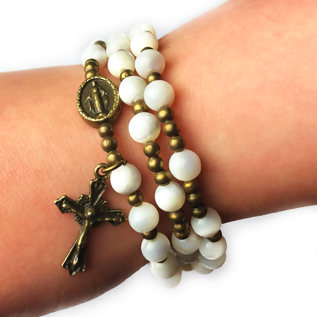 Mother of Pearl Stone Full 5-Decade Catholic Rosary Bracelet by Catholic Heirlooms - Confirmation - Holy Communion Gift