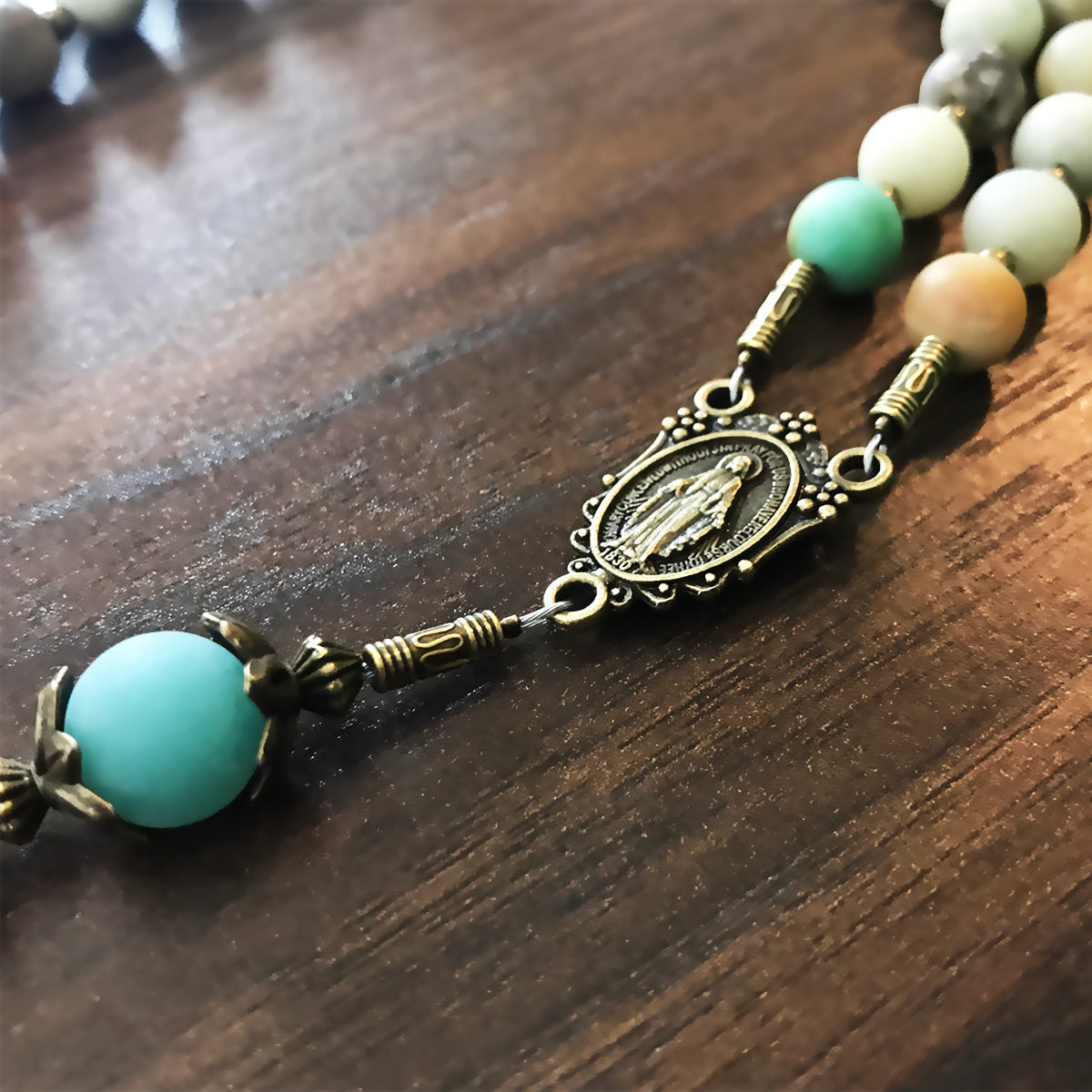Amazonite Stone Rosary With Miraculous Medal by Catholic Heirlooms - Confirmation - Holy Communion Gift - Rosary Necklace