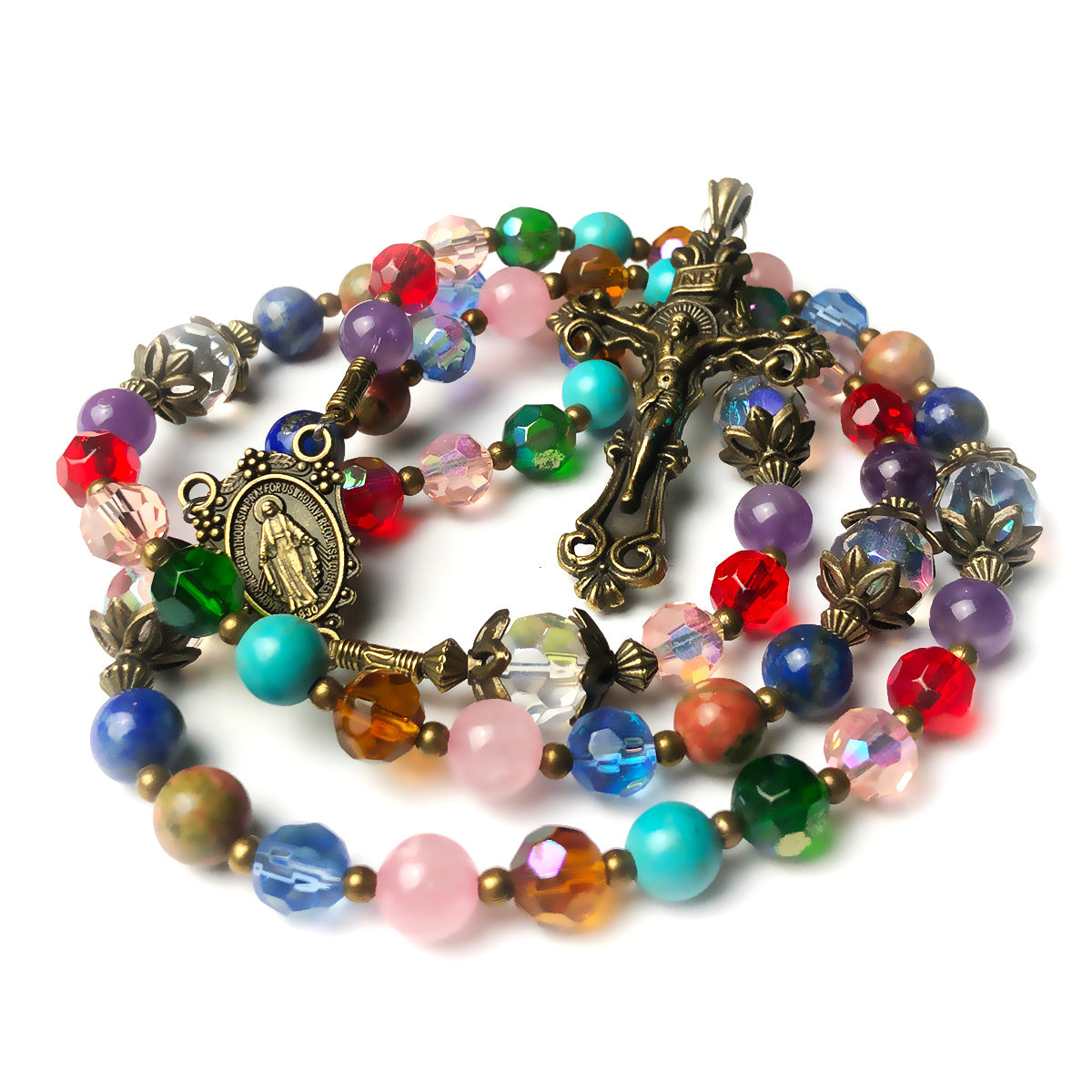 Basilica Window Crystal and Stone Rosary With Miraculous Medal by Catholic Heirlooms - Confirmation - Holy Communion Gift - Rosary Necklace