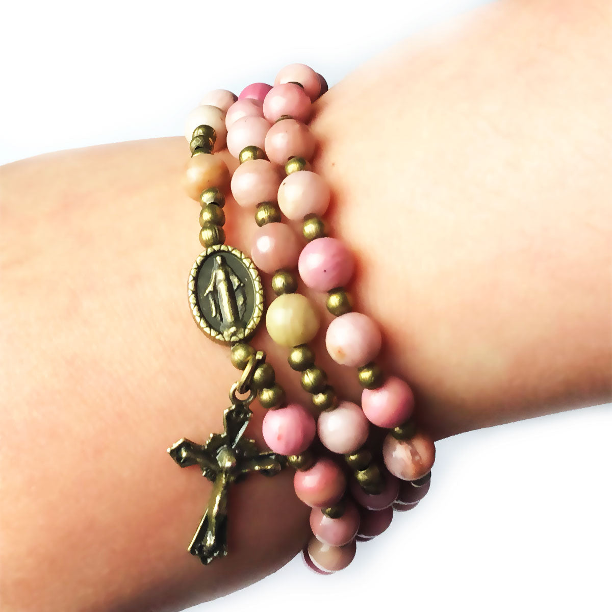 Pink Rhodonite Stone Full 5-Decade Catholic Rosary Bracelet by Catholic Heirlooms - Confirmation - Holy Communion Gift