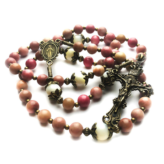 Pink Rhodonite and Mother of Pearl Stone Rosary With Miraculous Medal by Catholic Heirlooms - Confirmation - Holy Communion Gift - Rosary Necklace