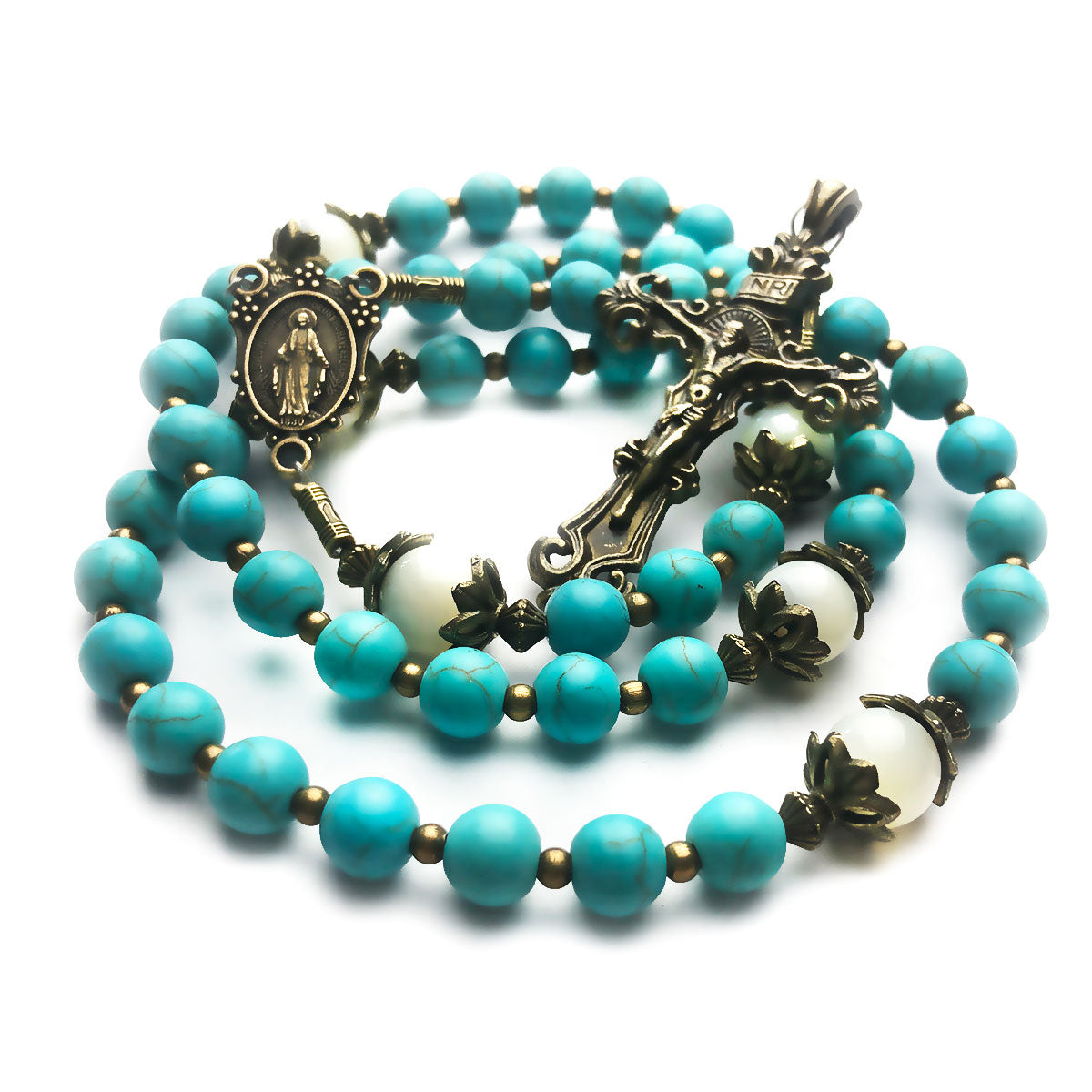 Turquoise and Mother of Pearl Stone Rosary With Miraculous Medal by Catholic Heirlooms - Confirmation - Holy Communion Gift - Rosary Necklace