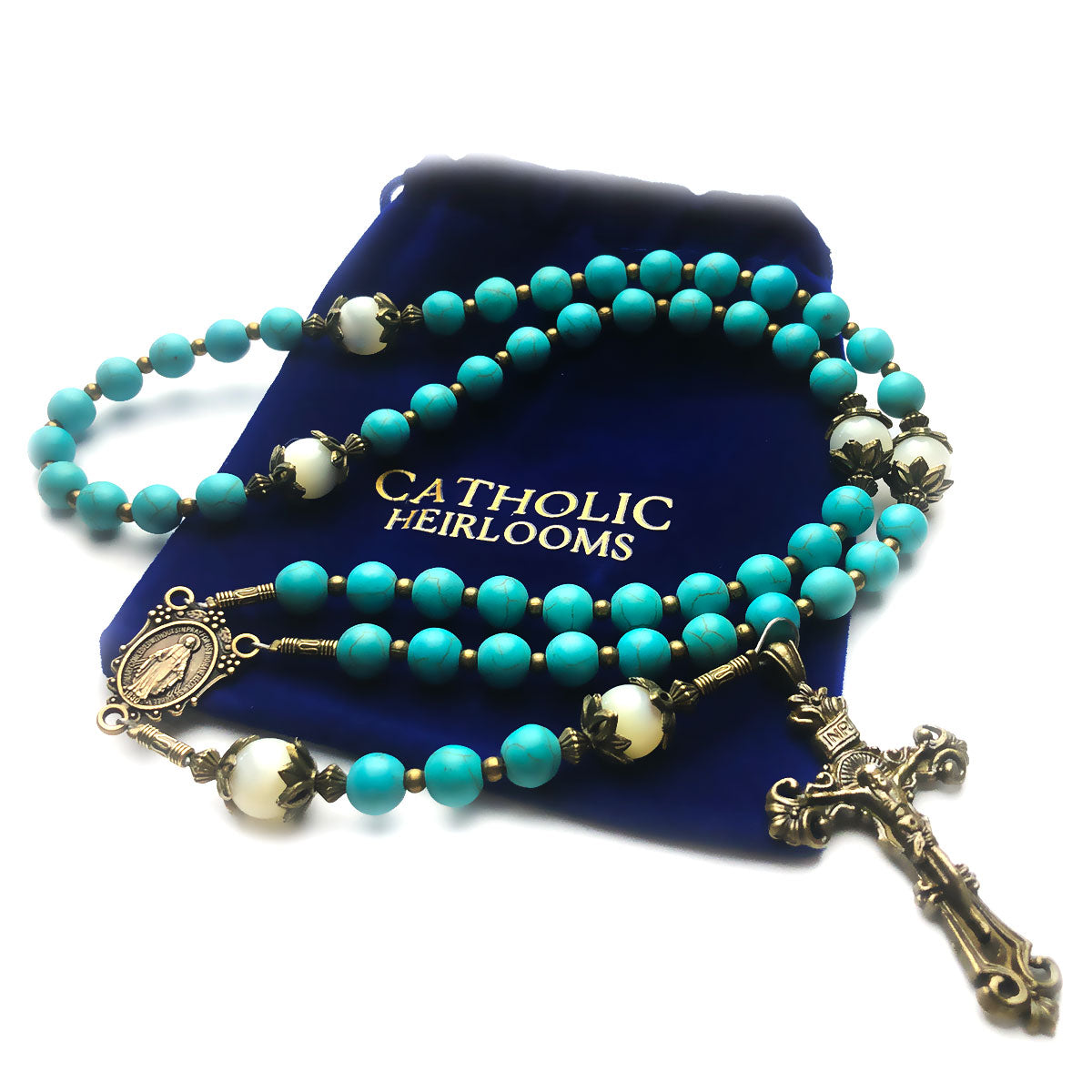 Turquoise and Mother of Pearl Stone Rosary With Miraculous Medal by Catholic Heirlooms - Confirmation - Holy Communion Gift - Rosary Necklace
