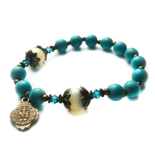 Turquoise and Mother of Pearl Stone Rosary Bracelet by Catholic Heirlooms - Confirmation - Holy Communion Gift