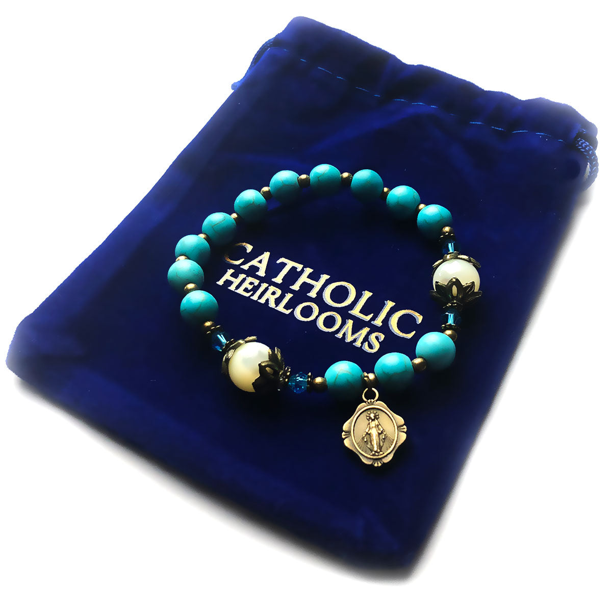 Turquoise and Mother of Pearl Stone Rosary Bracelet by Catholic Heirlooms - Confirmation - Holy Communion Gift
