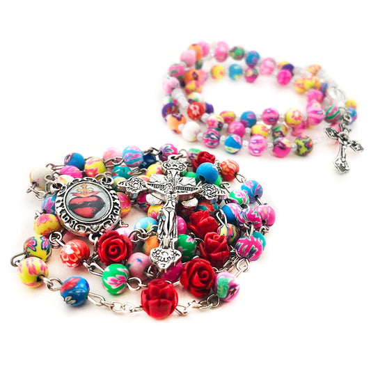 Sacred Heart Red Rose Colorful Rosary and Bracelet Set