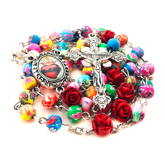 Sacred Heart Red Rose Colorful Rosary and Bracelet Set