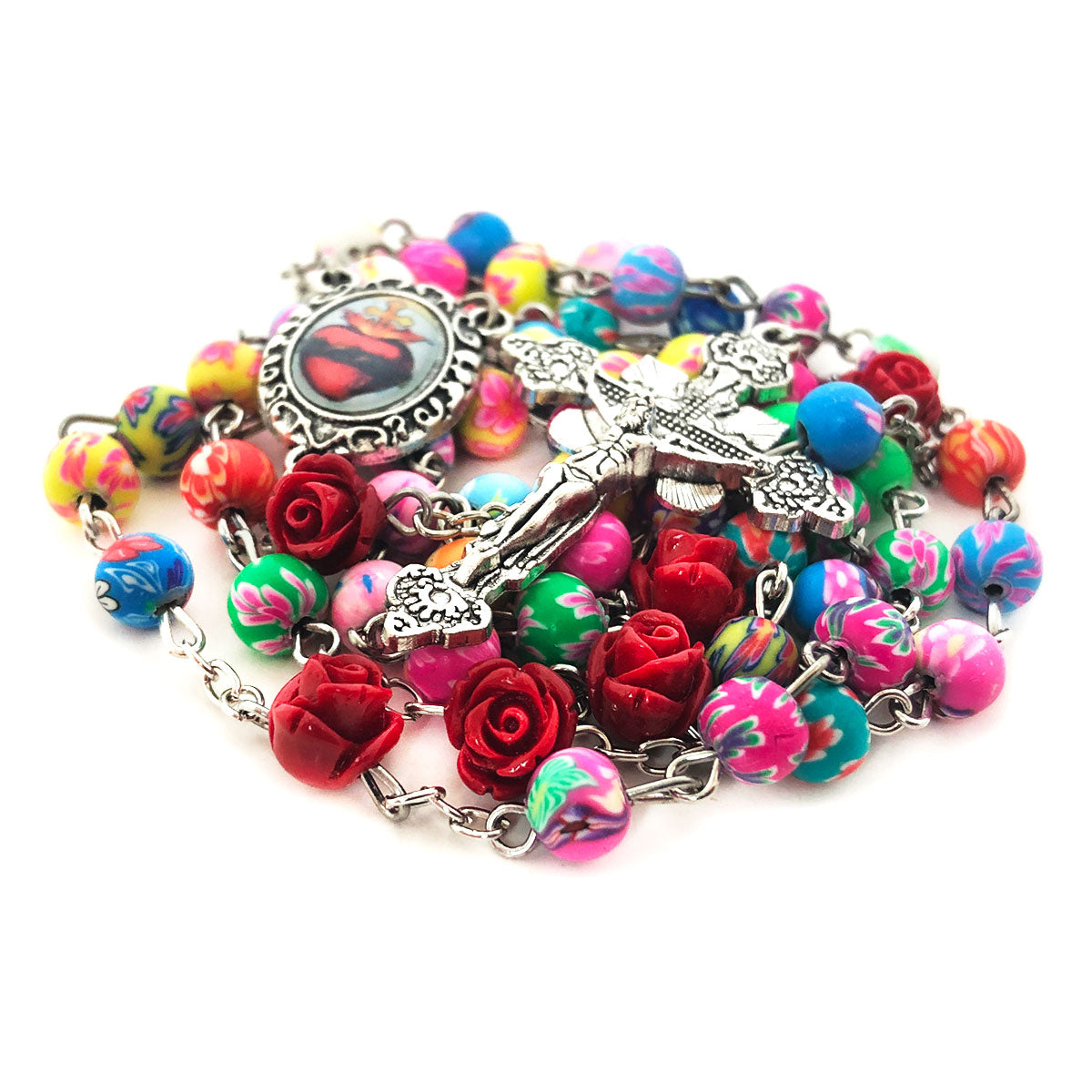 Sacred Heart Red Rose Colorful Rosary and Bracelet Set