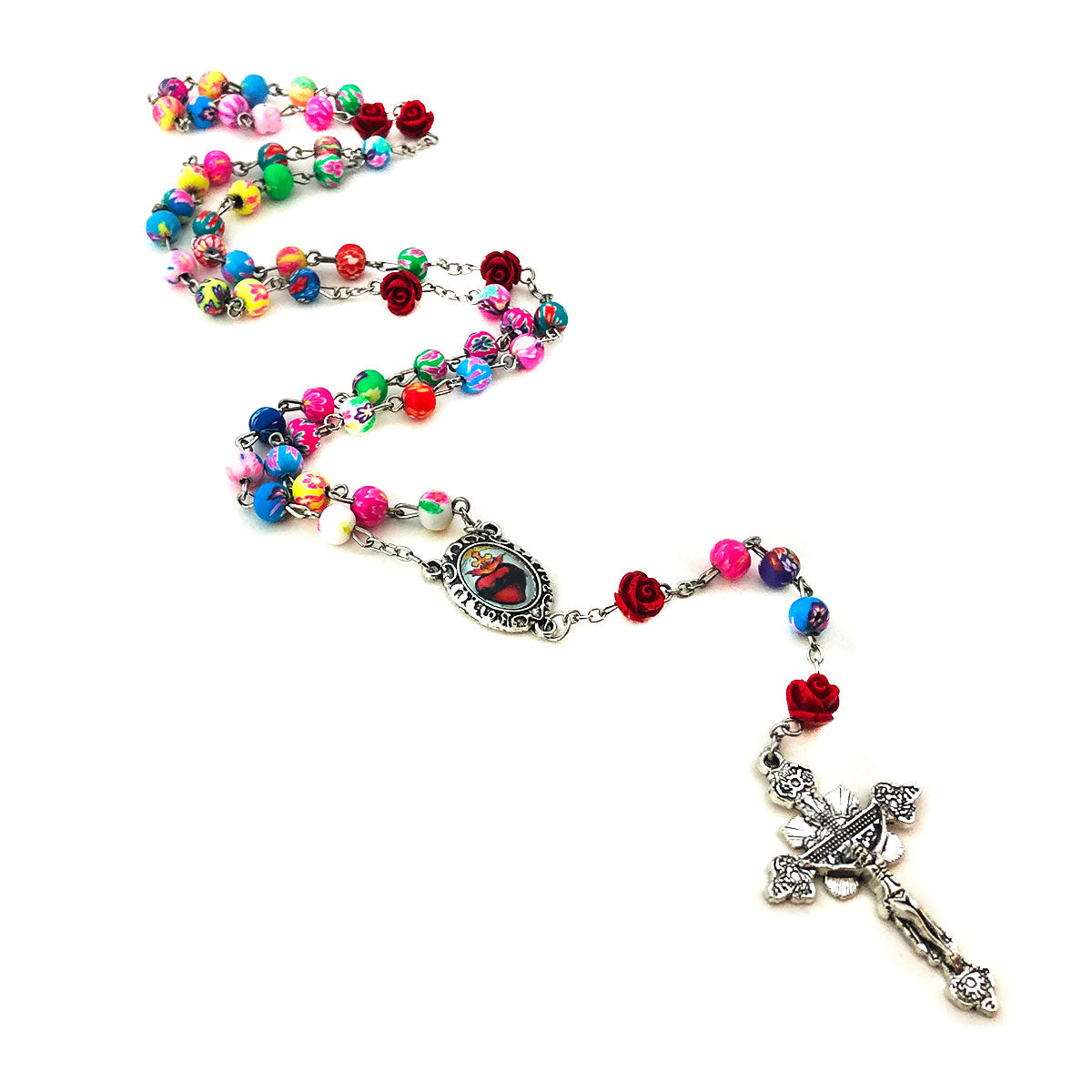 Sacred Heart Red Rose Colorful Rosary and Bracelet Set