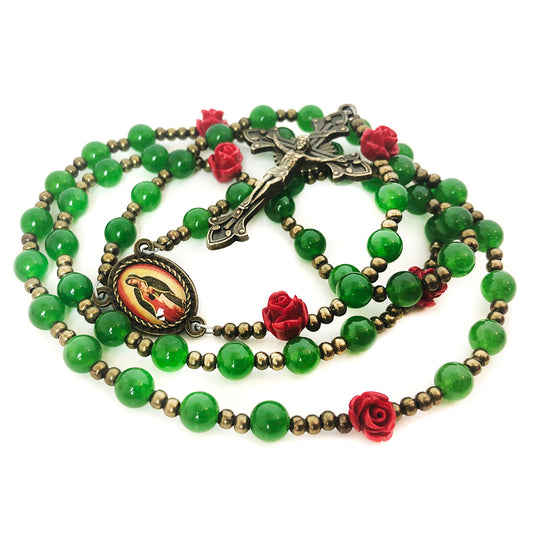 Catholic Heirlooms Our Lady Of Guadalupe Emerald Green Jade Stone Red Rose Rosary