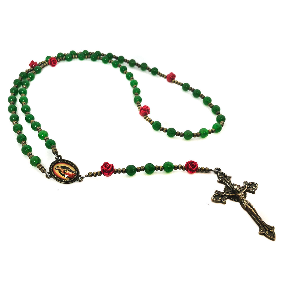 Catholic Heirlooms Our Lady Of Guadalupe Emerald Green Jade Stone Red Rose Rosary