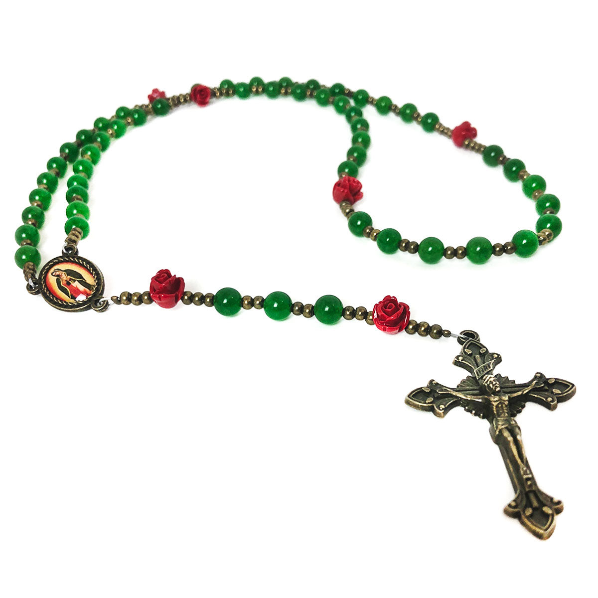 Catholic Heirlooms Our Lady Of Guadalupe Emerald Green Jade Stone Red Rose Rosary