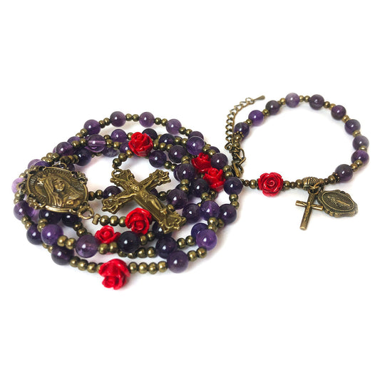 Immaculate Heart of Mary Purple Amethyst Stone Rosary and Bracelet Set by Catholic Heirlooms