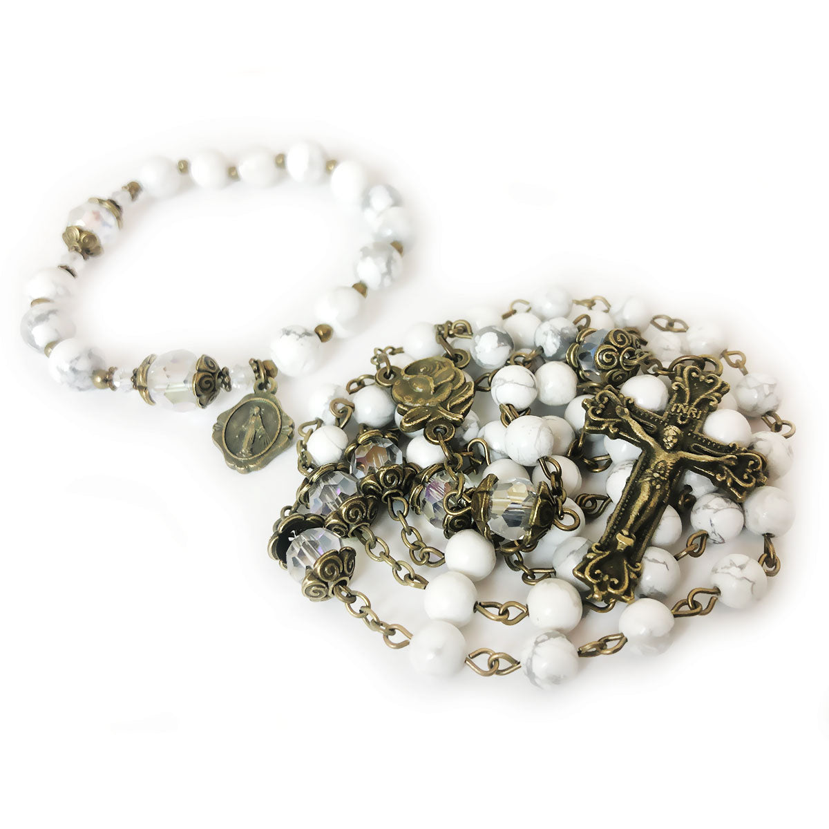 Our Lady of Lourdes White Howlite Stone Rosary Bead and Bracelet Set by Catholic Heirlooms