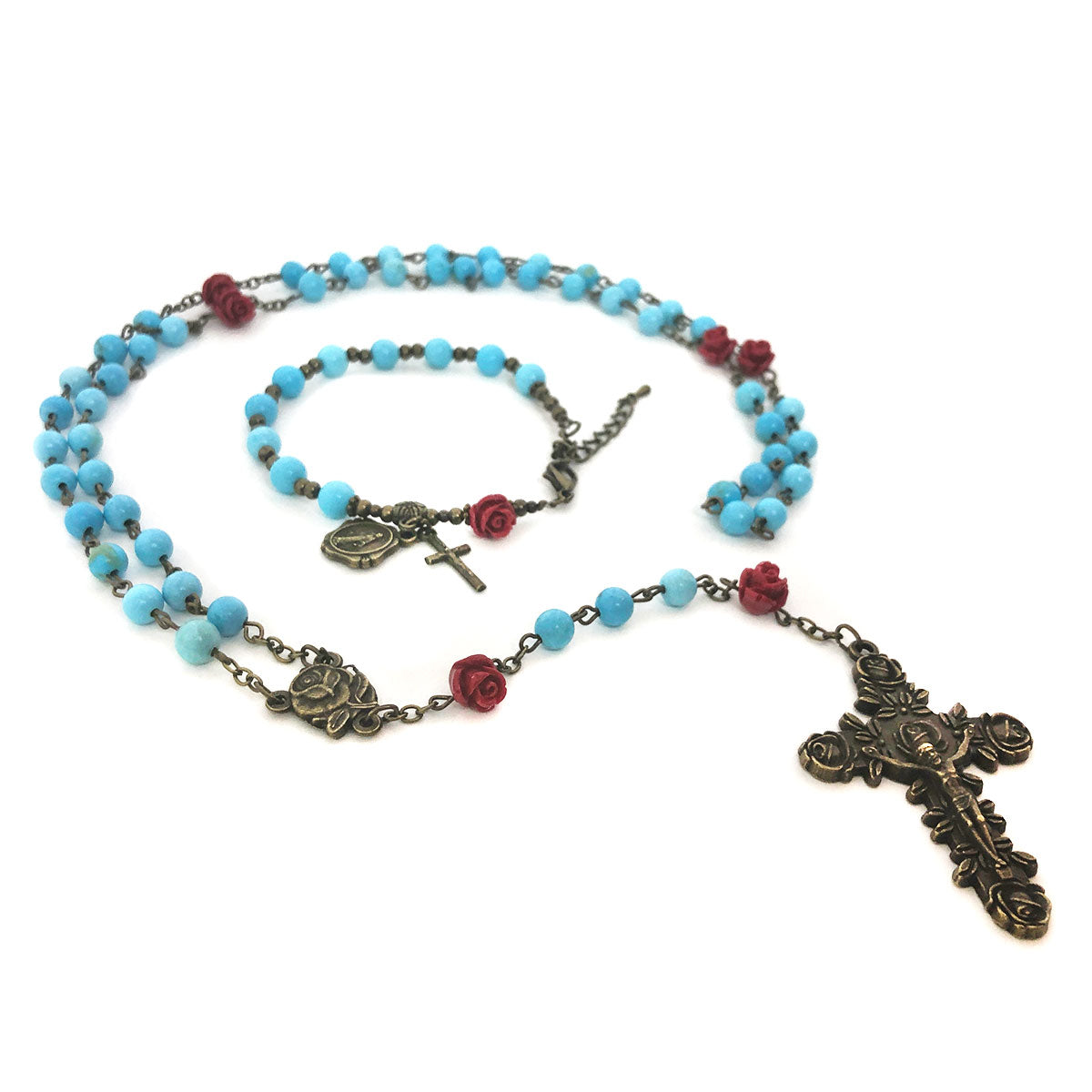 Our Lady of Lourdes Turquoise and Red Rose Rosary and Rosary Bracelet Set by Catholic Heirlooms