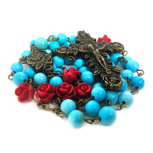Our Lady of Lourdes Turquoise and Red Rose Rosary and Rosary Bracelet Set by Catholic Heirlooms