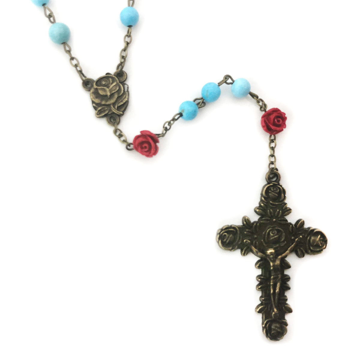 Our Lady of Lourdes Turquoise and Red Rose Rosary and Rosary Bracelet Set by Catholic Heirlooms