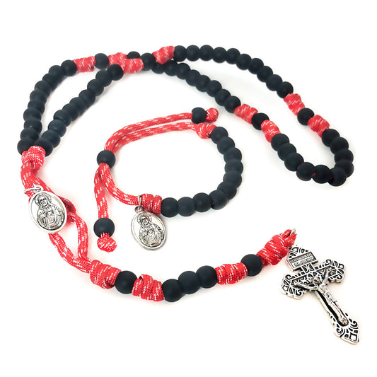 Sacred Heart of Jesus Red and Black Paracord Rosary and Rosary Bracelet Set by Catholic Heirlooms