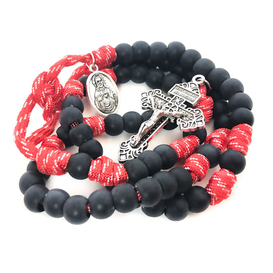 Sacred Heart of Jesus Red and Black Paracord Rosary and Rosary Bracelet Set by Catholic Heirlooms