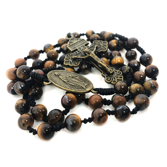 Tiger's Eye Stone Miraculous Medal Cord Rosary & Rosary Bracelet Set by Catholic Heirlooms