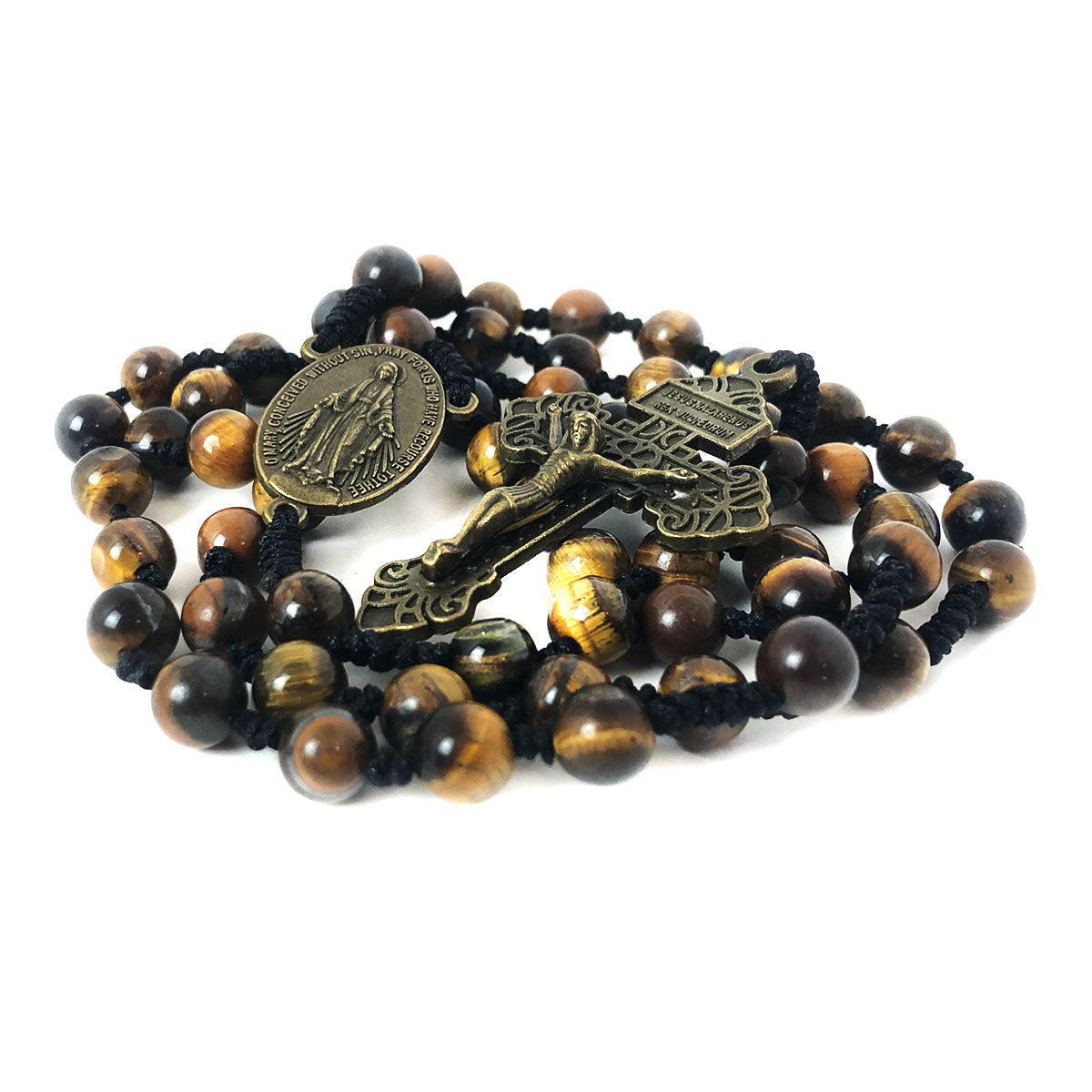 Tiger's Eye Stone Miraculous Medal Cord Rosary & Rosary Bracelet Set by Catholic Heirlooms