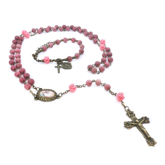 Mother Mary and Baby Jesus Pink Rhodonite Stone Rose Rosary and Rosary Bracelet Set by Catholic Heirlooms