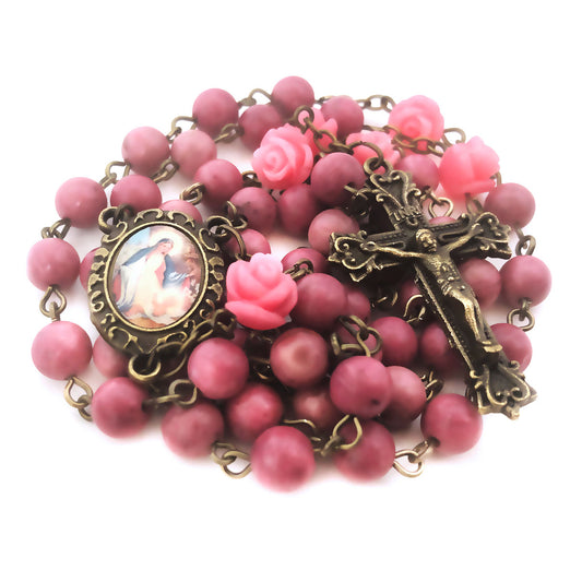 Mother Mary and Baby Jesus Pink Rhodonite Stone Rose Rosary and Rosary Bracelet Set by Catholic Heirlooms