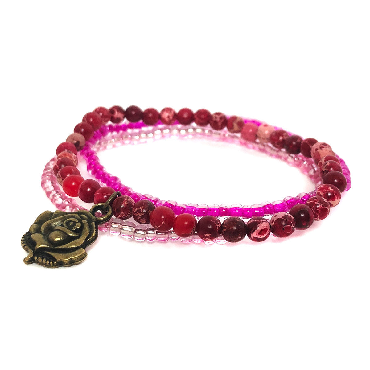 St. Bernadette Our Lady of Lourdes Rose Pendant Pink Seed Bead Necklace and Layered Stone and Seed Bead Bracelet Set by DALIA LORRAINE