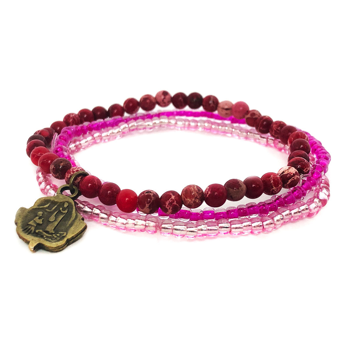 St. Bernadette Our Lady of Lourdes Rose Pendant Pink Seed Bead Necklace and Layered Stone and Seed Bead Bracelet Set by DALIA LORRAINE