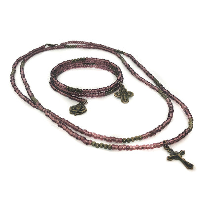 Crucifix Purple Seed Bead Necklace and Four Way Medal Our Lady of Lourdes Rose Bracelet Set by DALIA LORRAINE