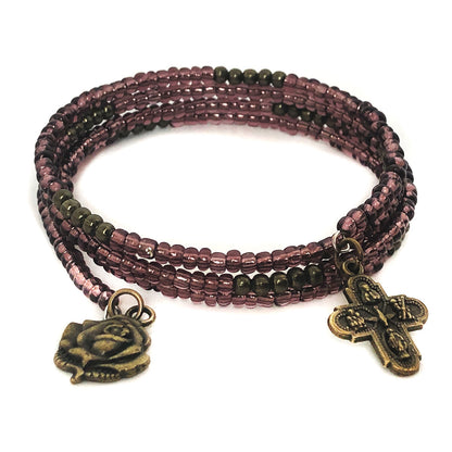 Crucifix Purple Seed Bead Necklace and Four Way Medal Our Lady of Lourdes Rose Bracelet Set by DALIA LORRAINE