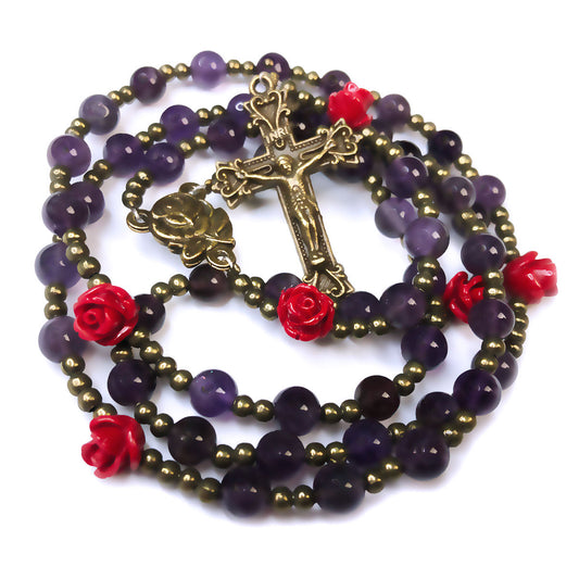 Catholic Heirlooms Our Lady Of Lourdes Purple Amethyst Stone Red Rose Rosary