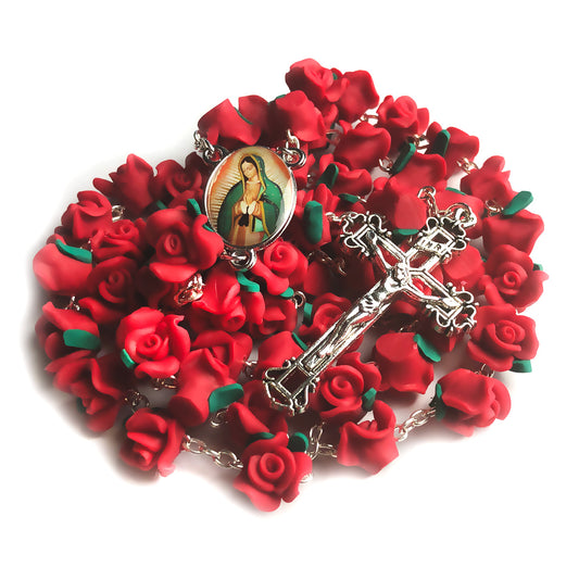 Our Lady of Guadalupe Red Rose Garden Rosary with Velvet Rosary Pouch - Deluxe Boxed