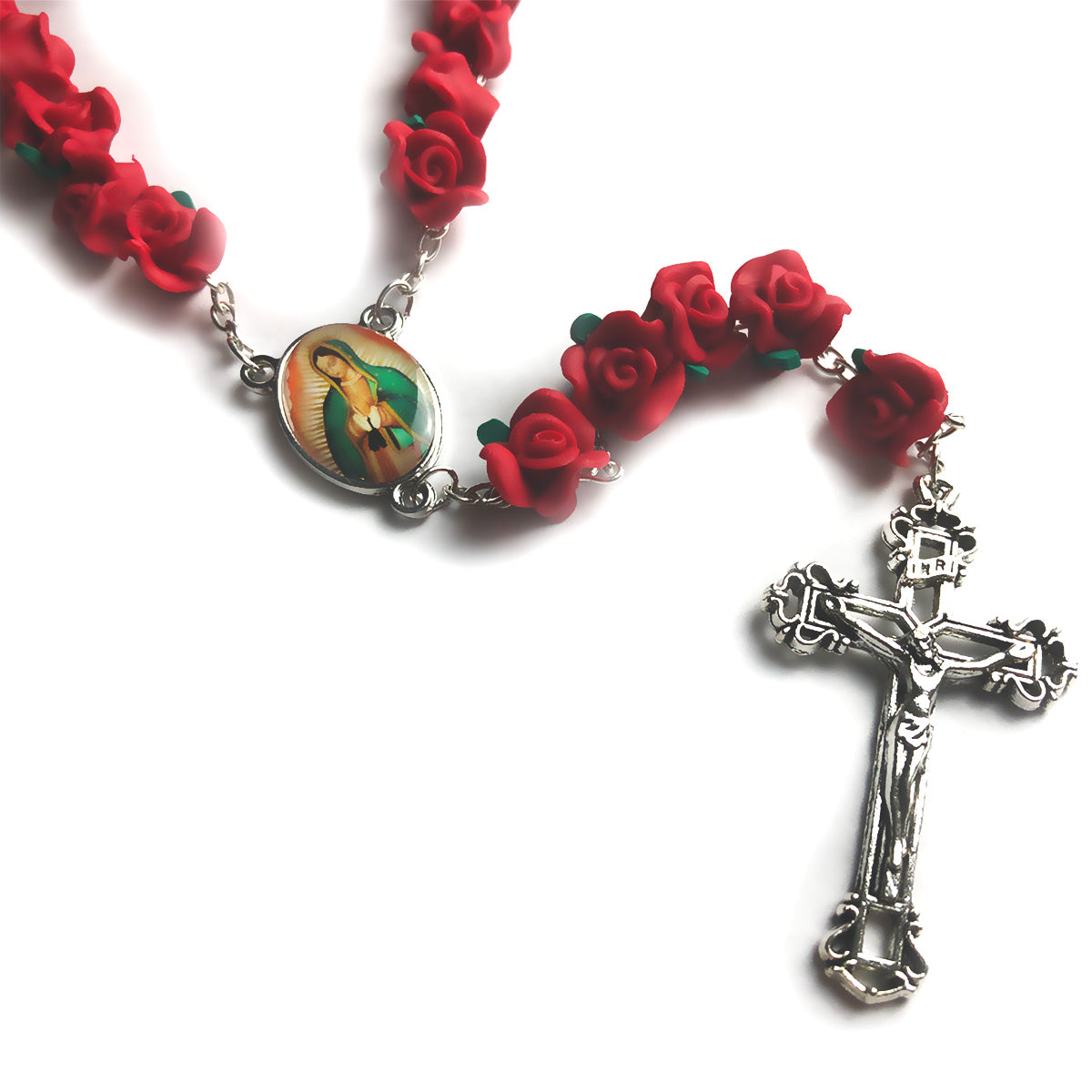 Our Lady of Guadalupe Red Rose Garden Rosary with Velvet Rosary Pouch - Deluxe Boxed